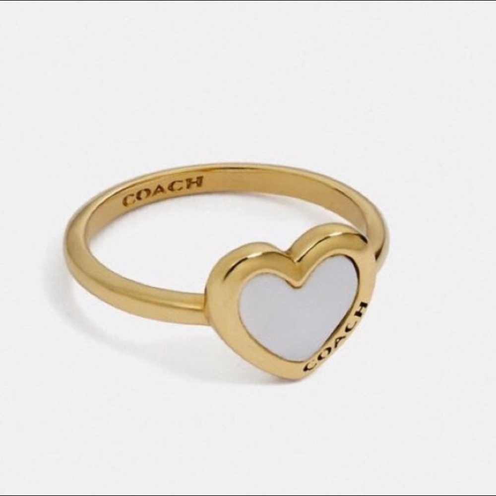 {Coach} White Pearl and Gold Heart Ring Size 7